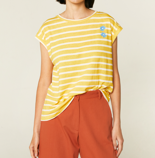 Striped Cap Sleeve T-shirt - Yellow/White