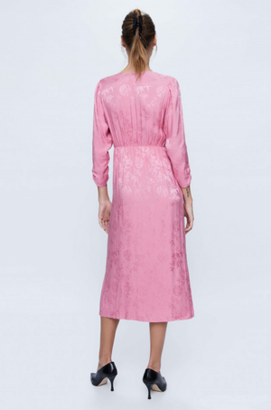 V-Neck Jacquard Midi Dress - Pink