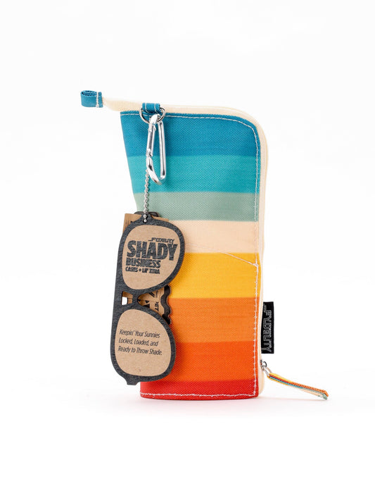 Colorful striped pouch with a tag on a white background