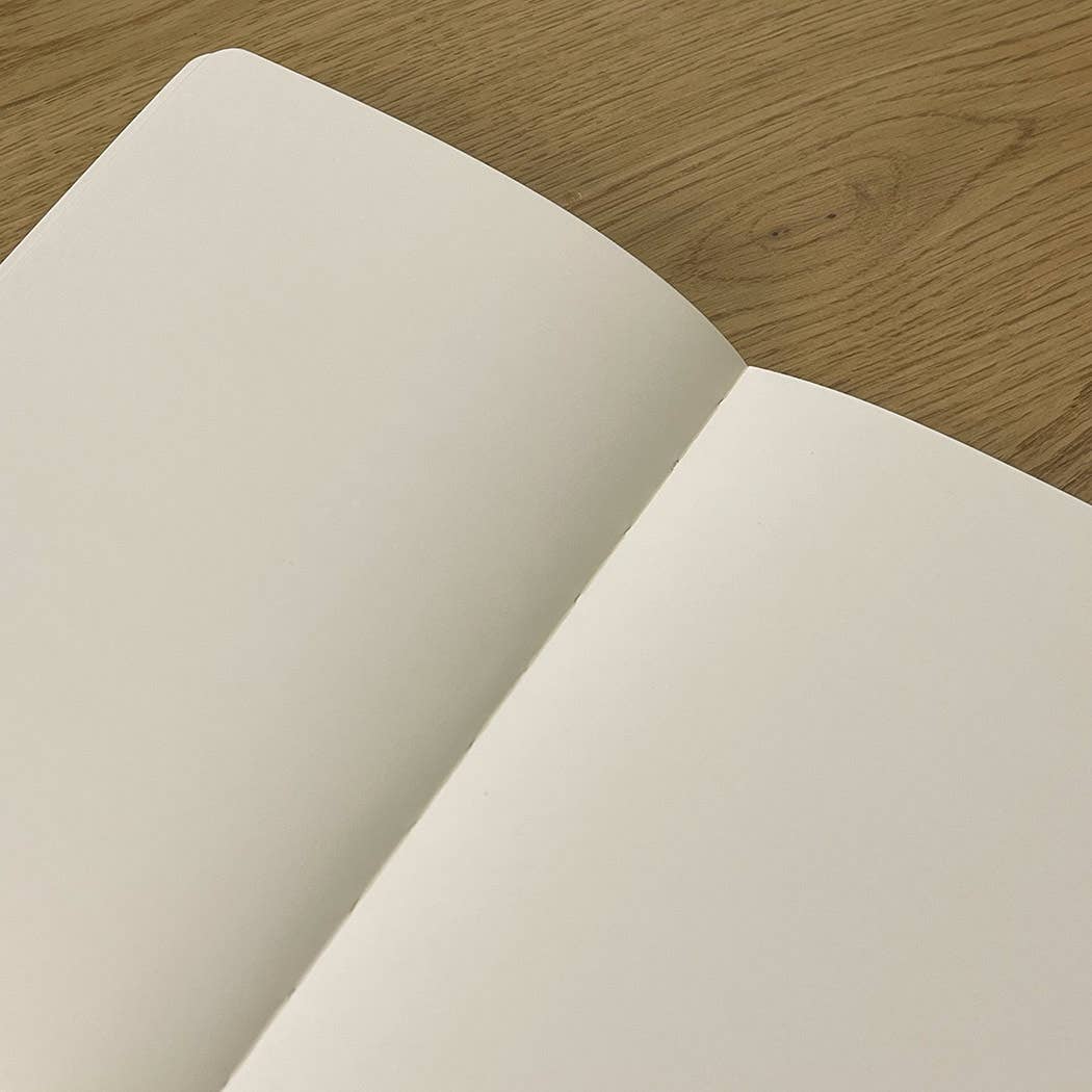 Open notebook on a wooden surface