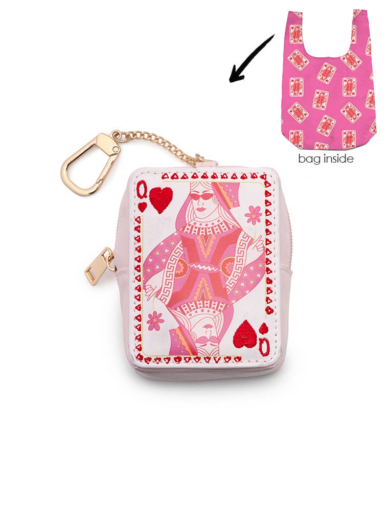 A small zippered coin purse designed like a playing card queen in pink and white, with a gold keychain clasp. A smaller inset at the top right shows the inside of a matching pink reusable bag with a card pattern, labeled 'bag Inside', with an arrow pointing to the coin purse.