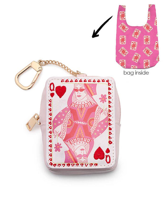 A small zippered coin purse designed like a playing card queen in pink and white, with a gold keychain clasp. A smaller inset at the top right shows the inside of a matching pink reusable bag with a card pattern, labeled 'bag Inside', with an arrow pointing to the coin purse.