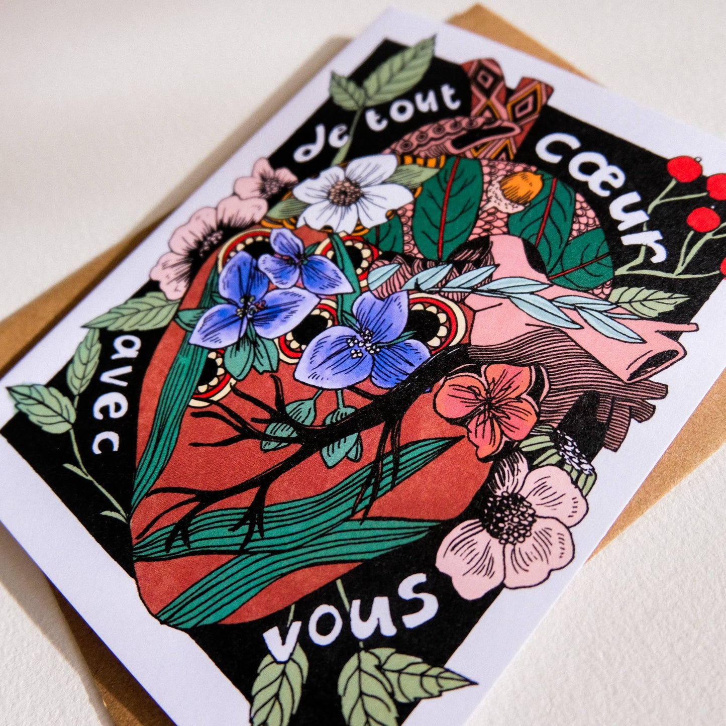 Greeting card with floral design and text on a white background