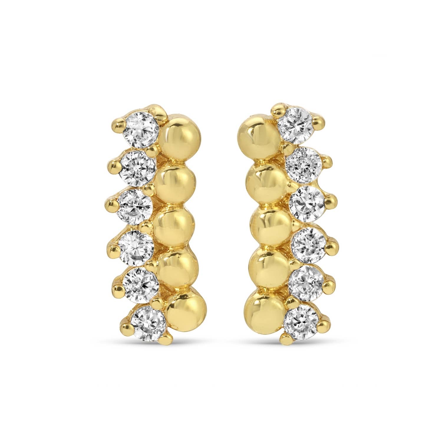 Gold hoop earrings with embedded diamonds on a white background