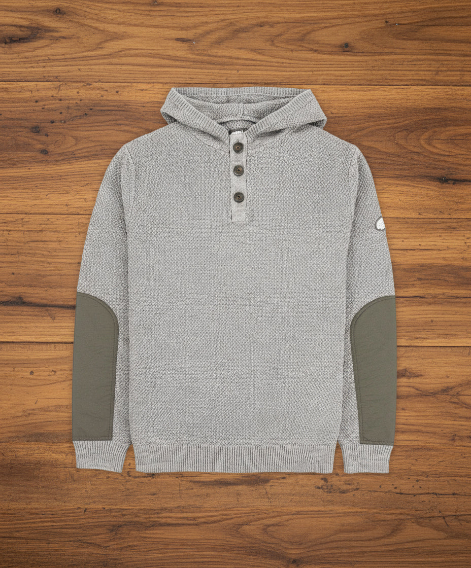 Gray hoodie with green elbow patches on a white background