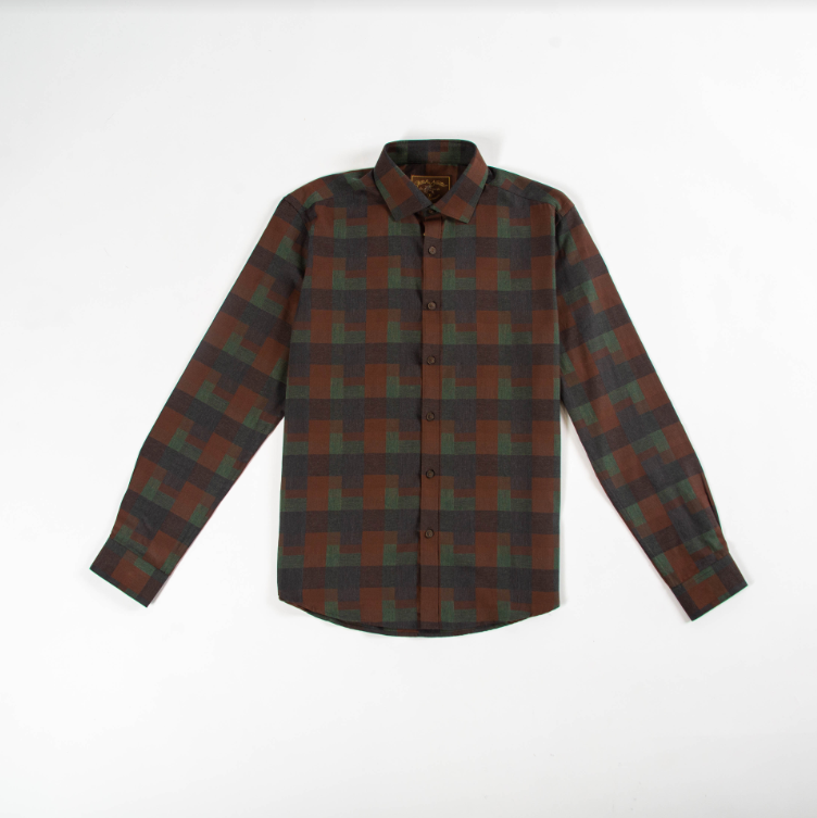 Long sleeve yarn-dyed shirt with abstract plaid pattern in army green and brown, spread collar, and Mother of Pearl buttons, made from Egyptian cotton.