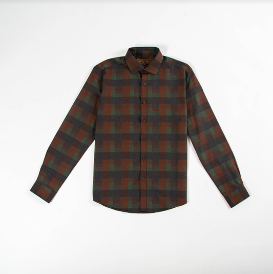 Long sleeve yarn-dyed shirt with abstract plaid pattern in army green and brown, spread collar, and Mother of Pearl buttons, made from Egyptian cotton.