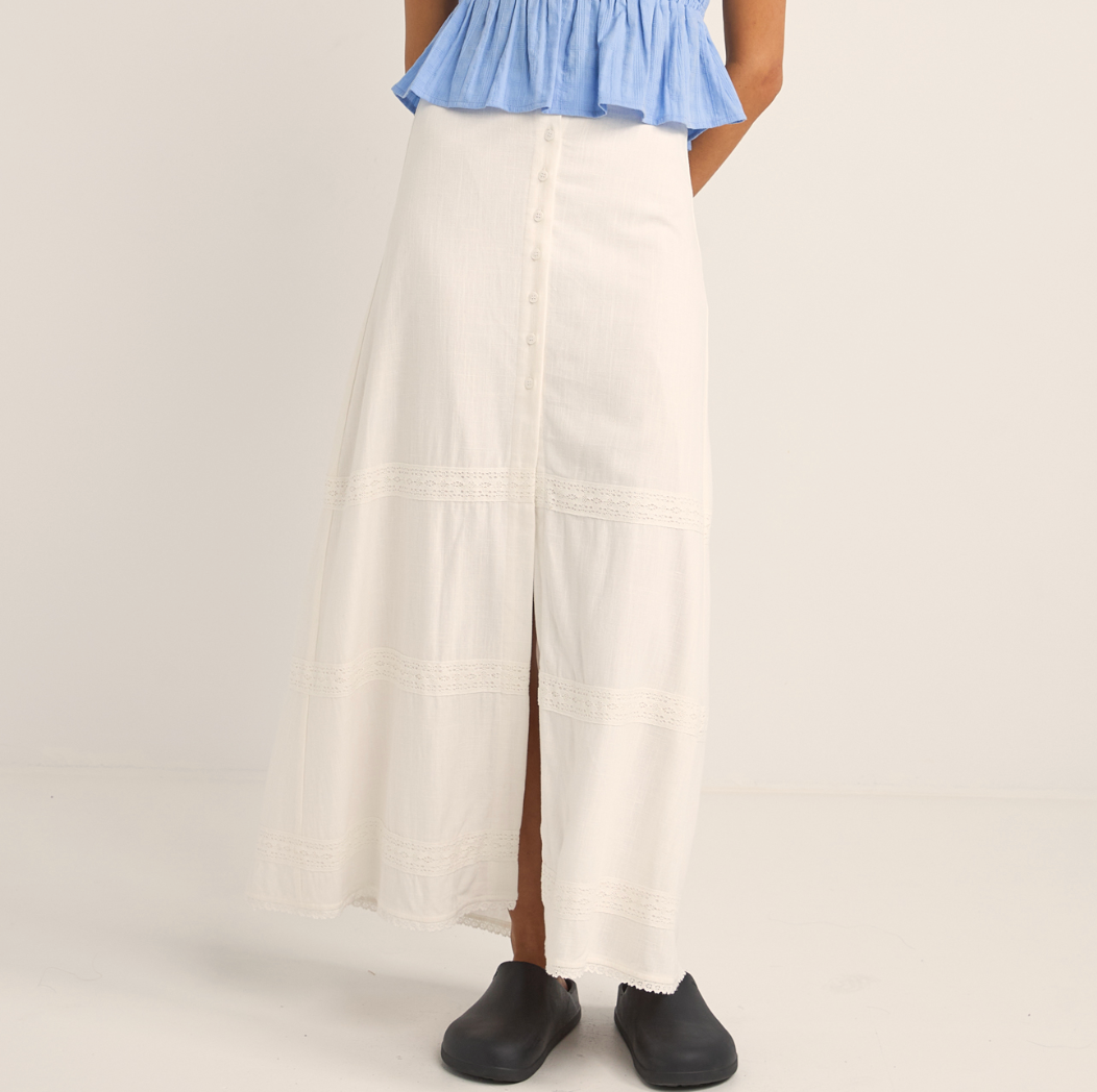 Pearl Button Front Maxi Skirt - White