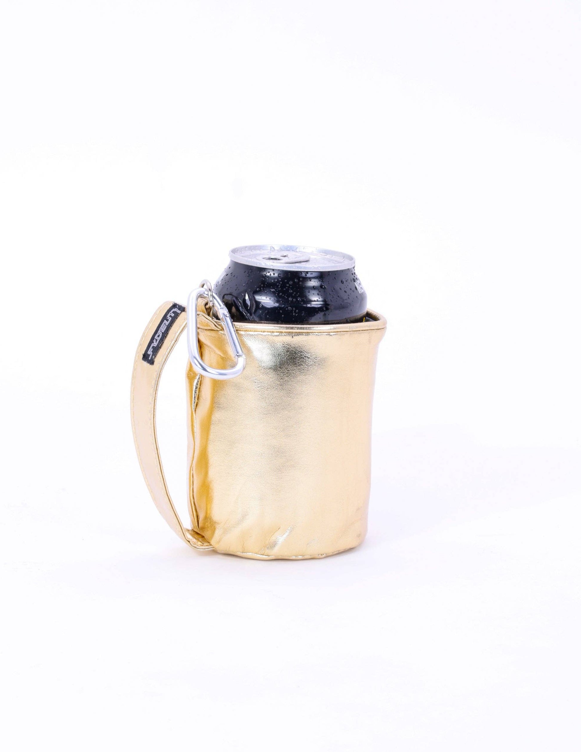 Gold can cooler with a black can on a white background