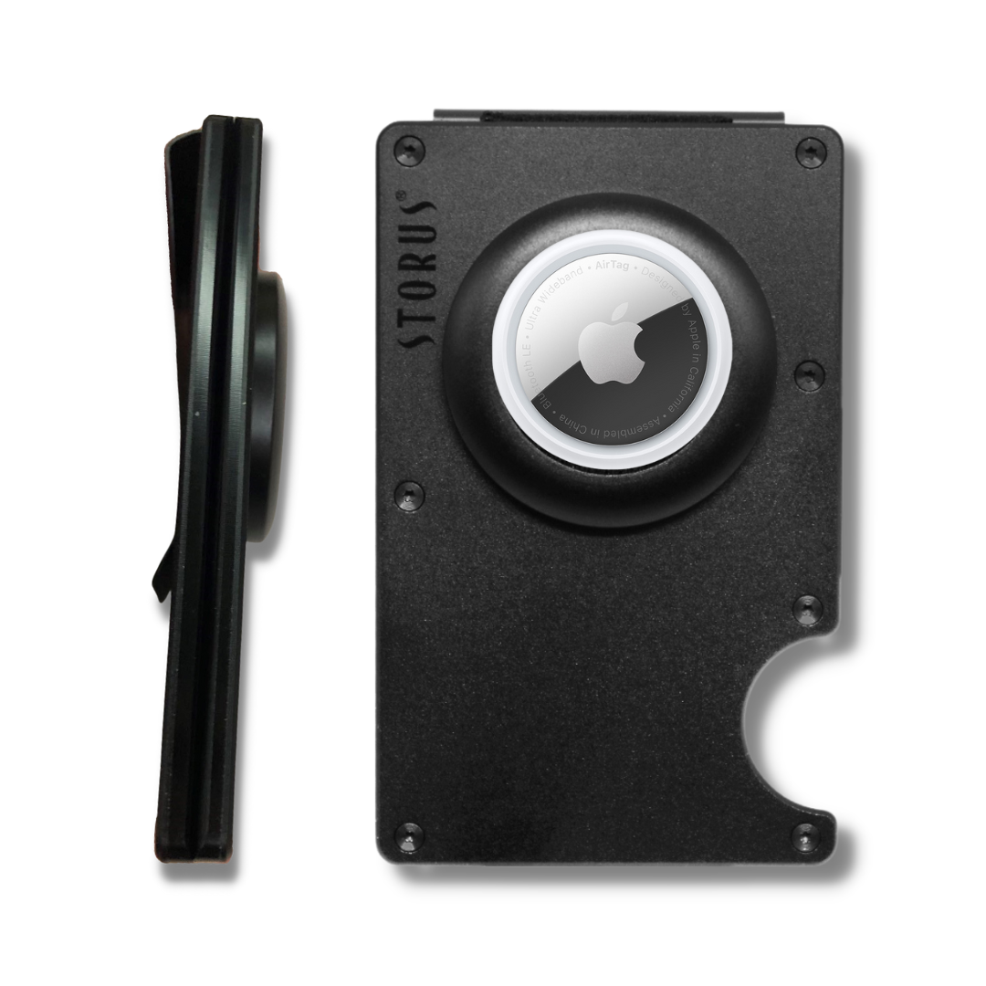 Black metal wallet with Apple logo on a white background