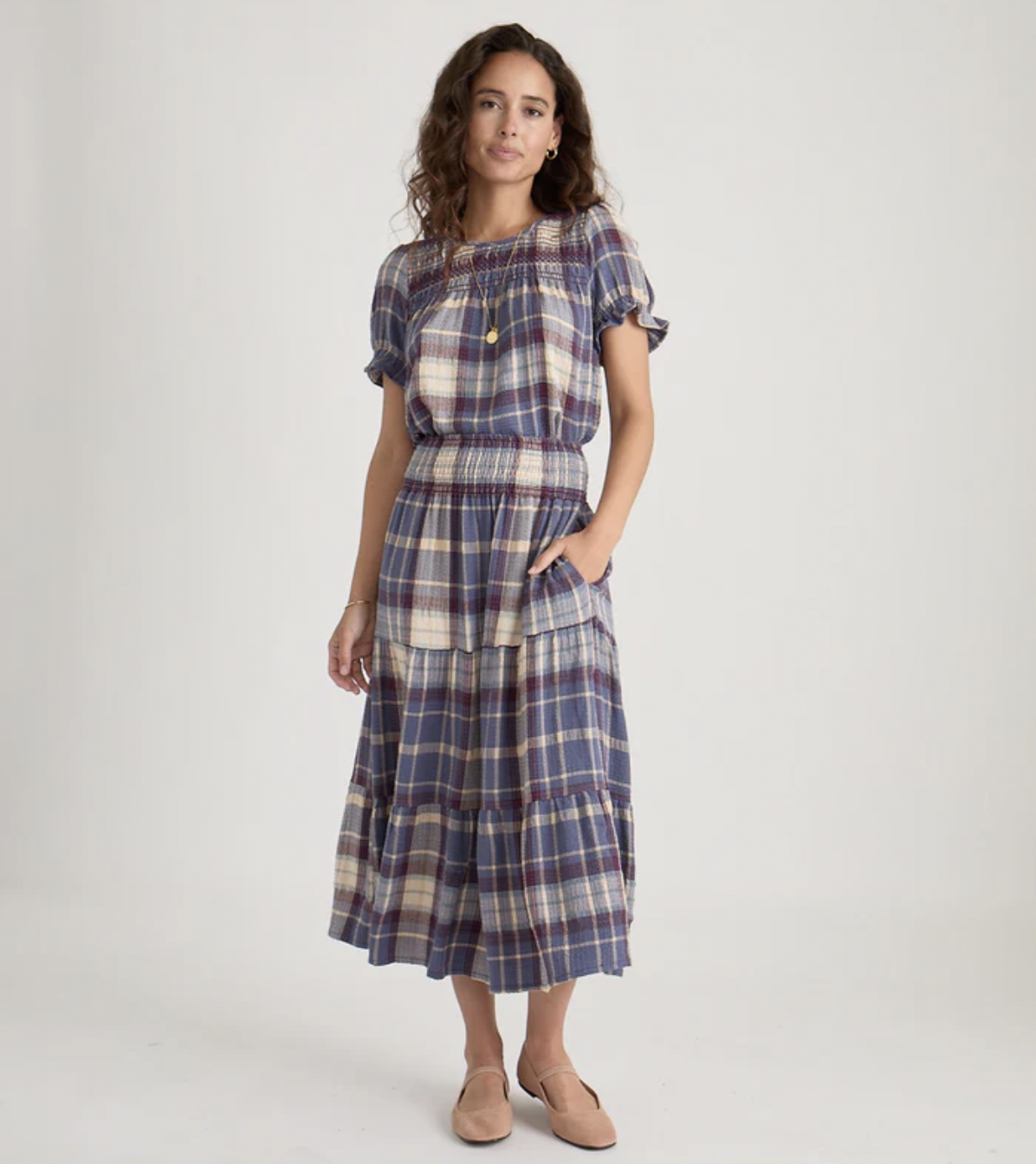 Elena Smocked Top -Dusty Blue Plaid