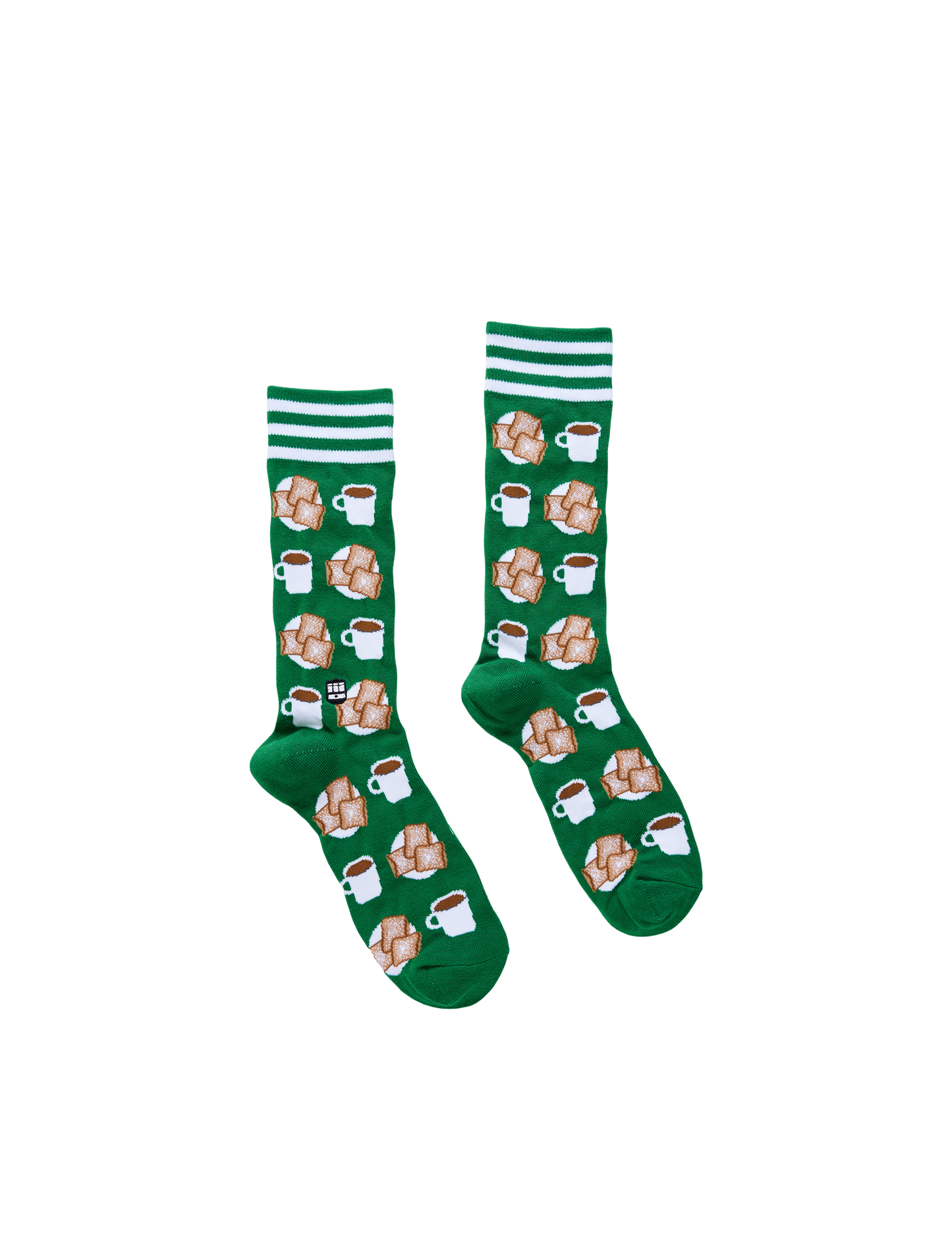 Green socks with coffee-themed design on a white background