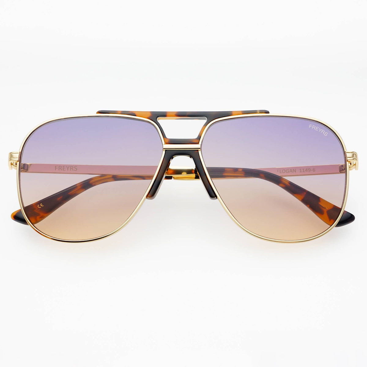 Aviator sunglasses with gold frame and gradient lenses on a white background