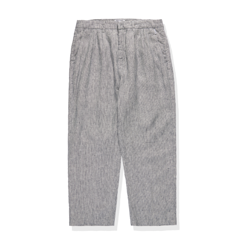 A pair of striped pants in gray, with pleats and a hook and eye closure, from the brand Banks Journal.