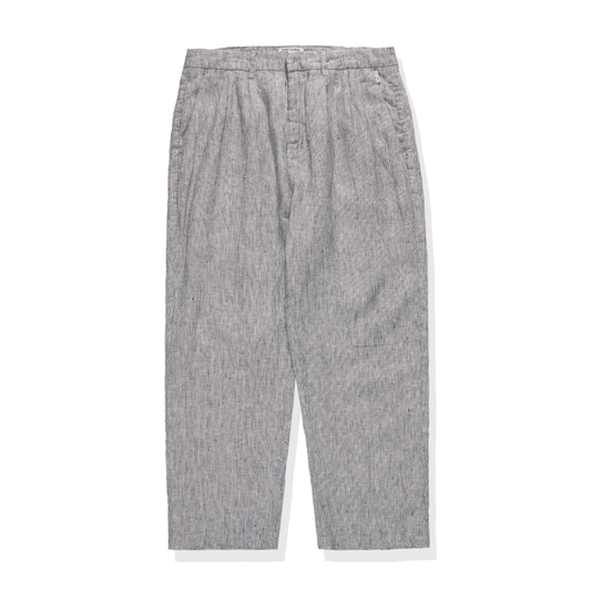 A pair of striped pants in gray, with pleats and a hook and eye closure, from the brand Banks Journal.