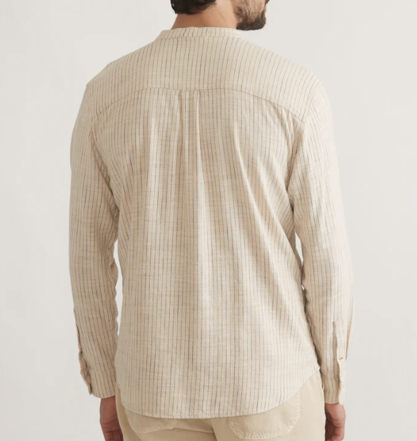 Banded Collar Stretch Selvage Shirt - Khaki/Navy Stripe