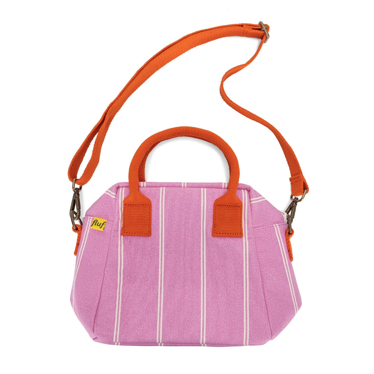 Pink striped handbag with orange handle and strap on a white background