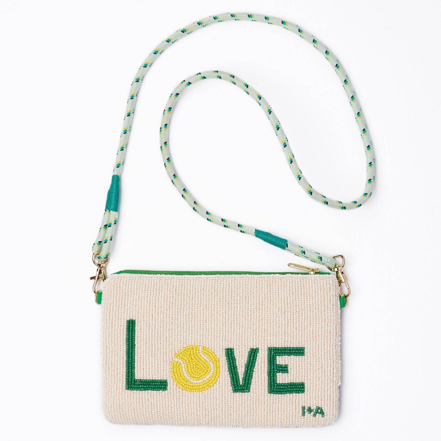 Small pouch with 'LOVE' embroidery and a strap on a white background