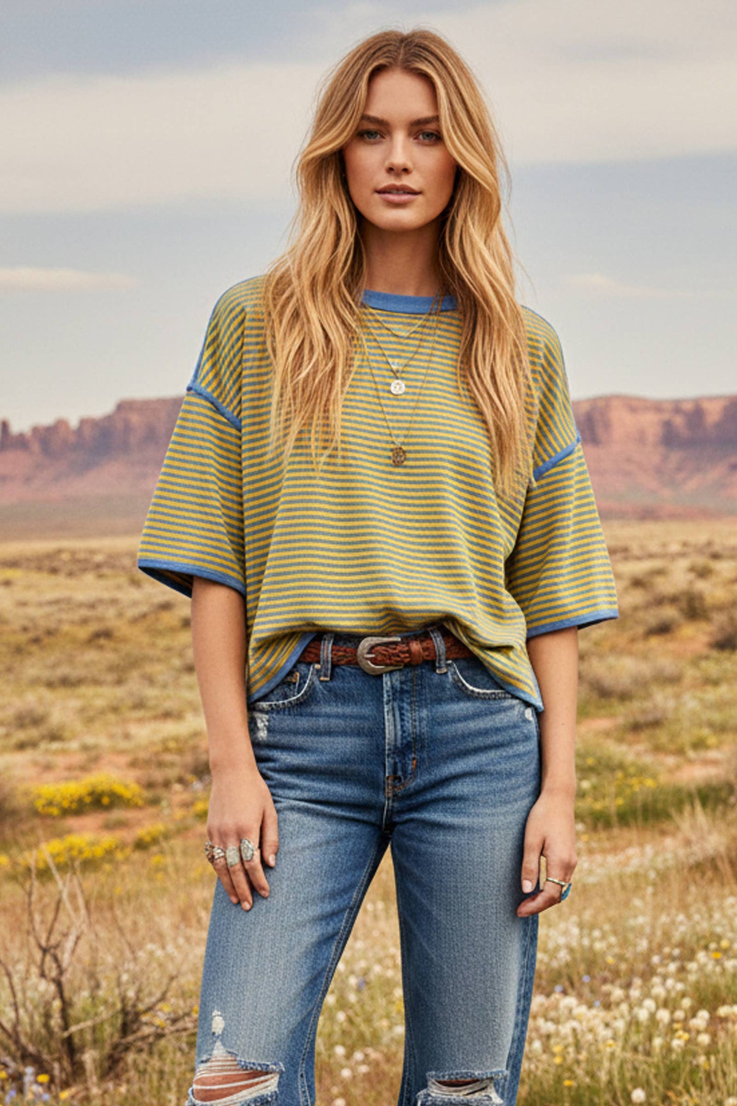 Woman wearing a striped shirt and jeans standing in a desert landscape