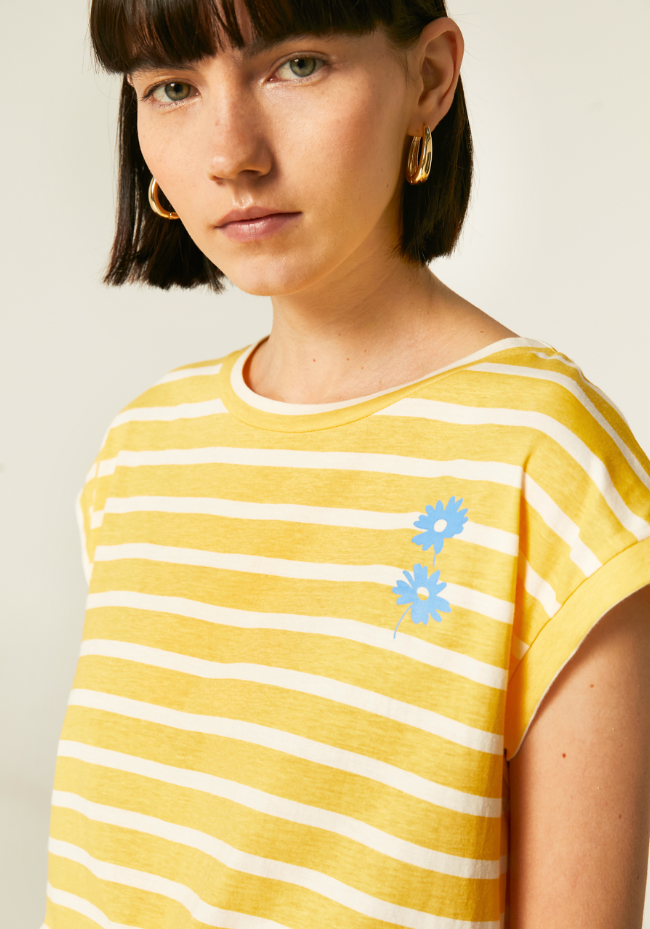 Striped Cap Sleeve T-shirt - Yellow/White