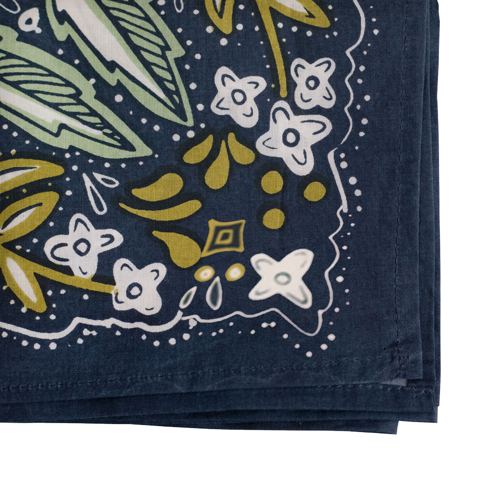 Navy blue fabric with floral and leaf patterns