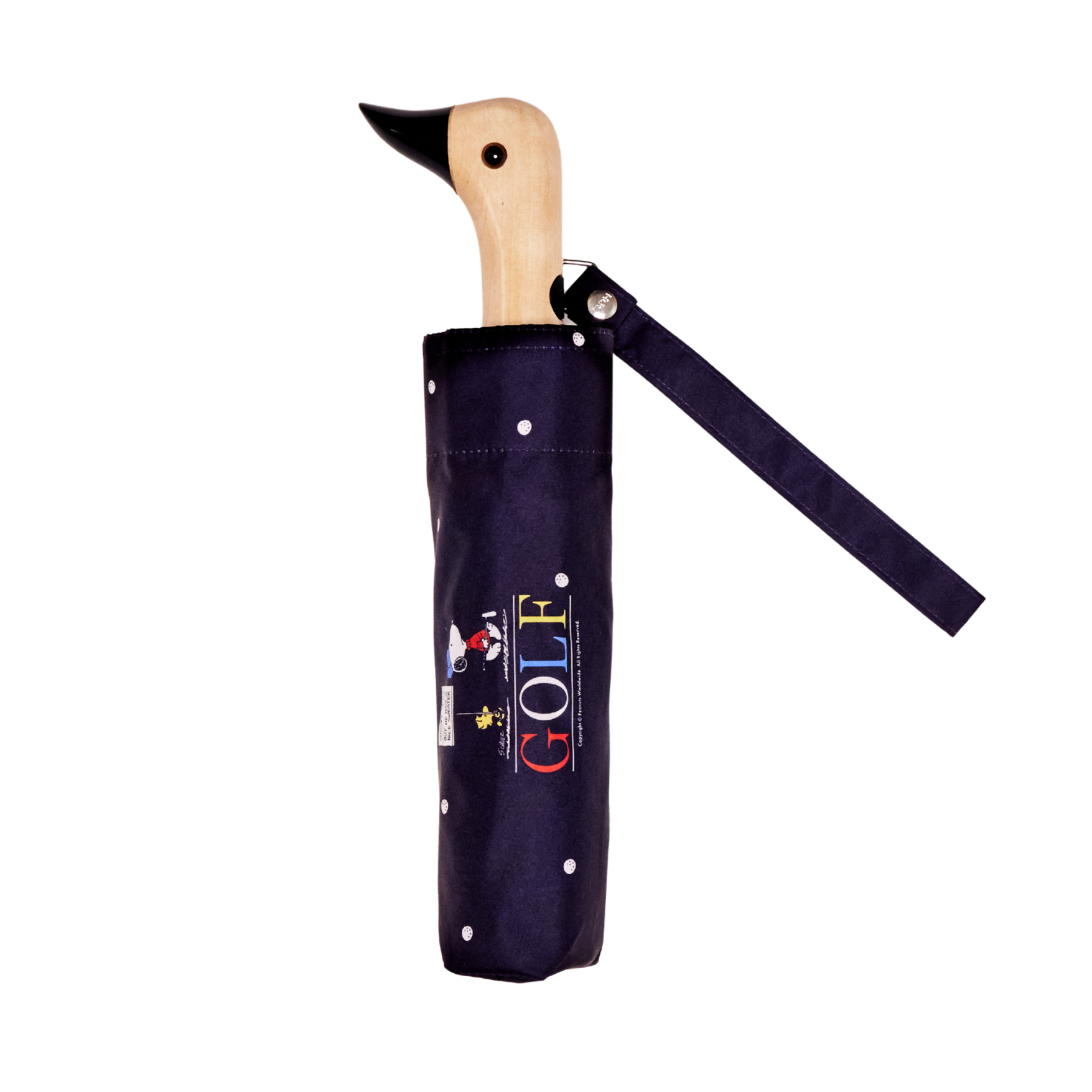 Umbrella with a wooden duck head design on a white background