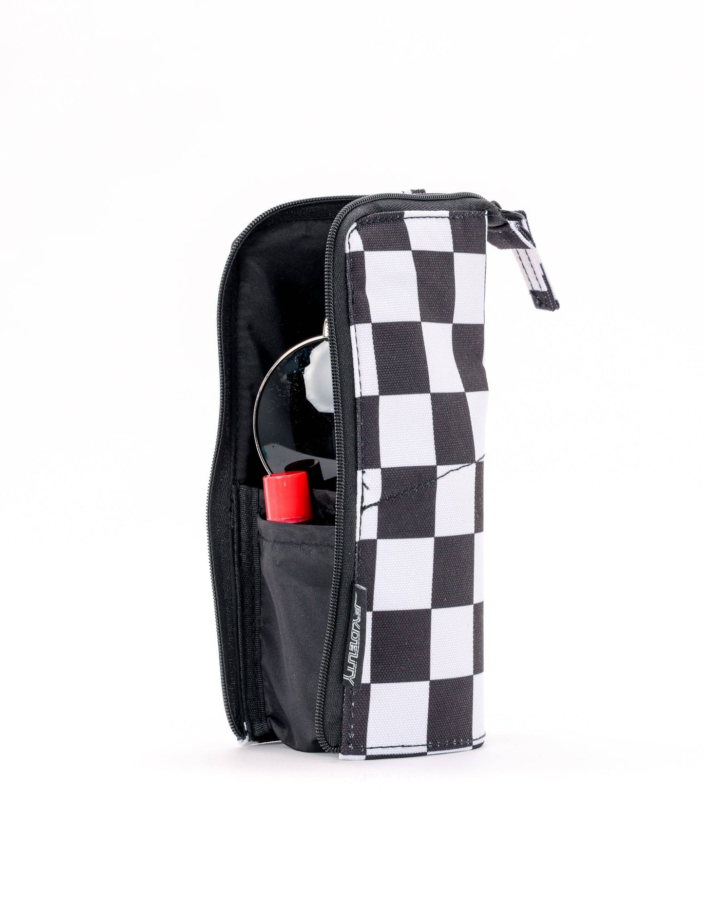 Checkered bag with a red item inside on a white background
