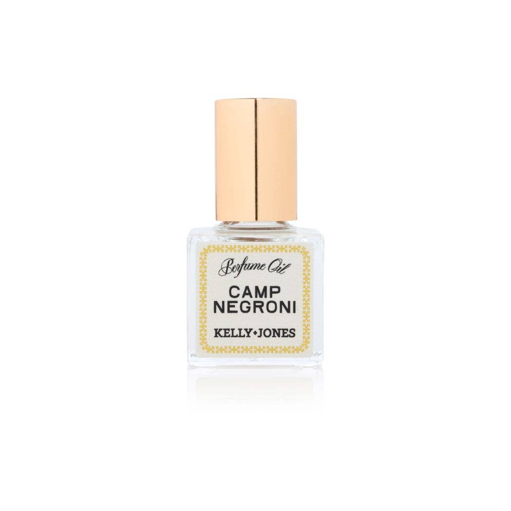 Perfume bottle labeled 'Camp Negroni' by Kelly Jones on a white background