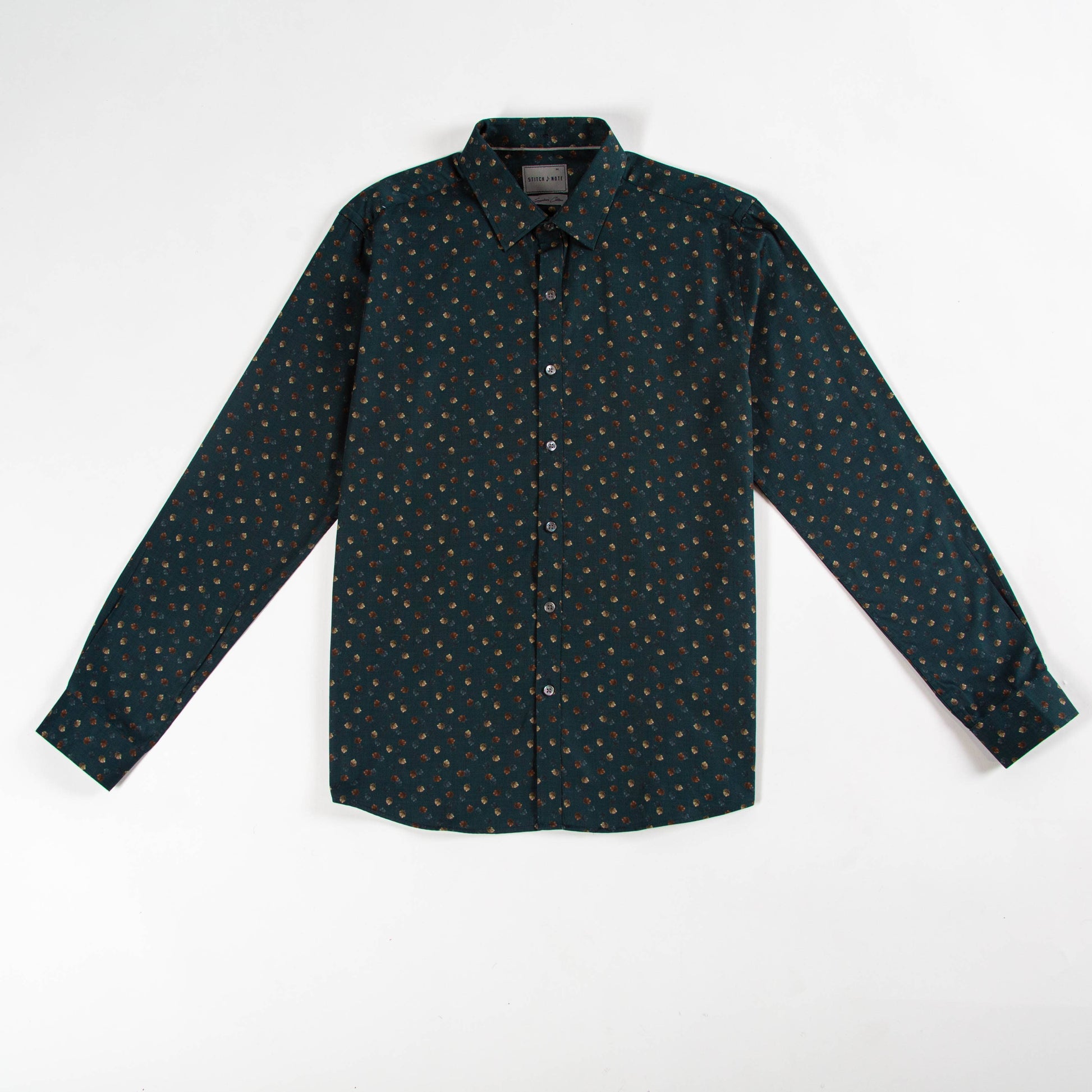 Dark green shirt with small pattern on a white background