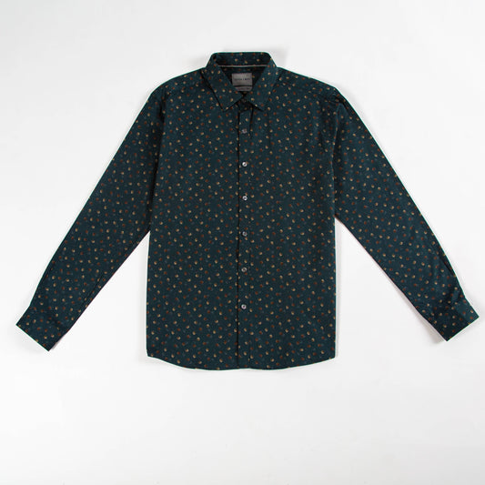 Dark green shirt with small pattern on a white background