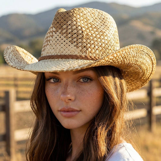 Woman wearing a straw cowboy hat with a blurred background of mountains and a fence.