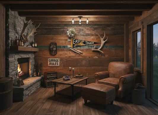 Felt pennant with tiger design and 'Easy Tiger' text on a wooden surface.