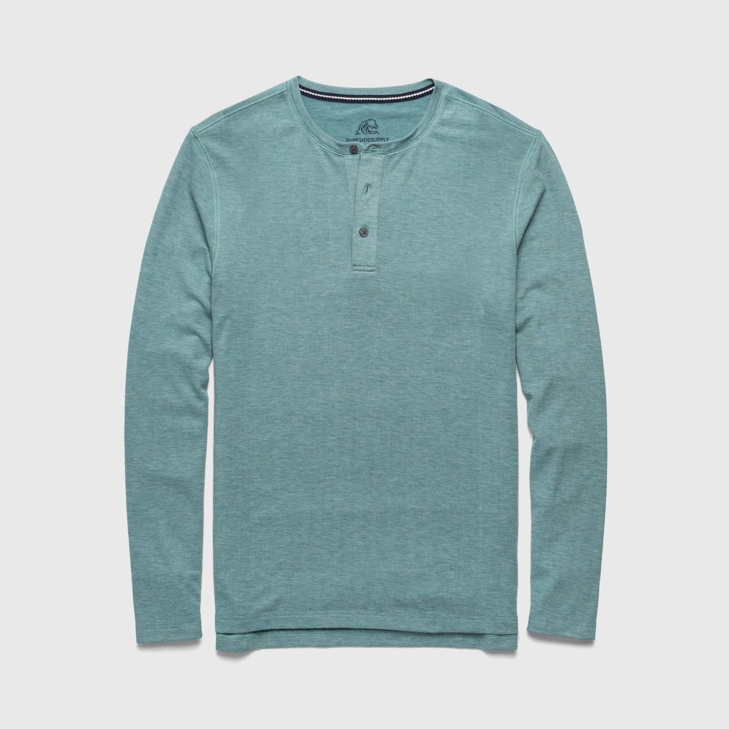 Teal long-sleeve henley shirt on a light gray background