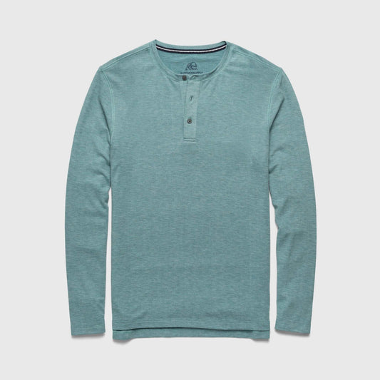 Teal long-sleeve henley shirt on a light gray background