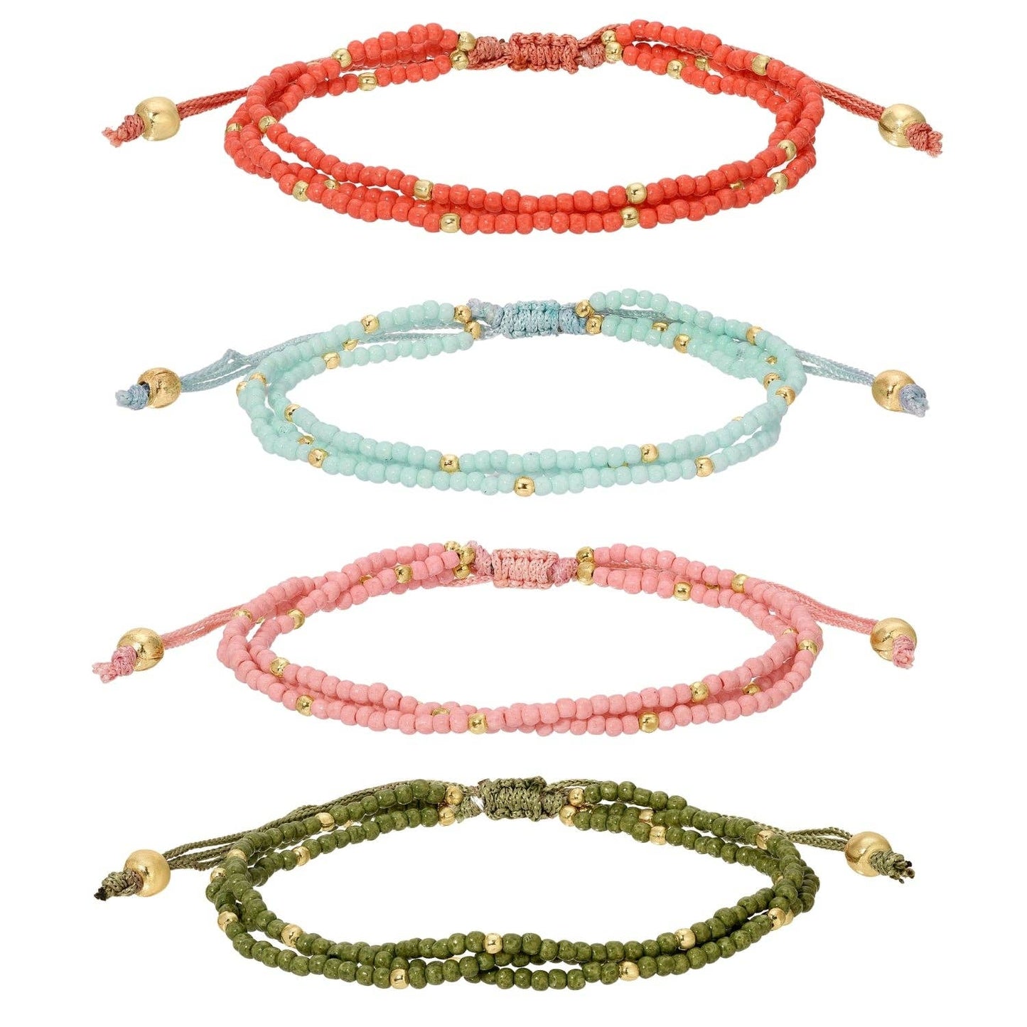 Set of four beaded bracelets in red, green, pink, and blue on a white background