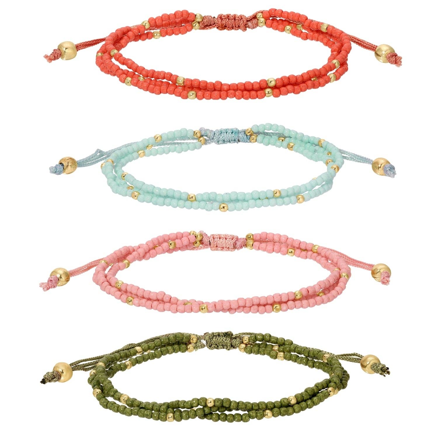 Set of four beaded bracelets in red, green, pink, and blue on a white background