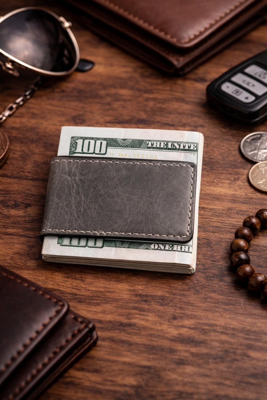 Black wallet with money on a wooden surface with coins and a car key.