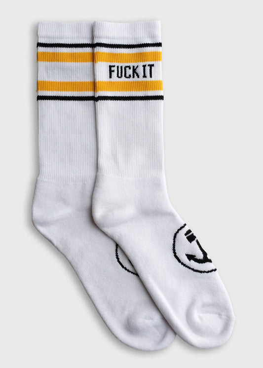 White socks with black and orange stripes on a white background