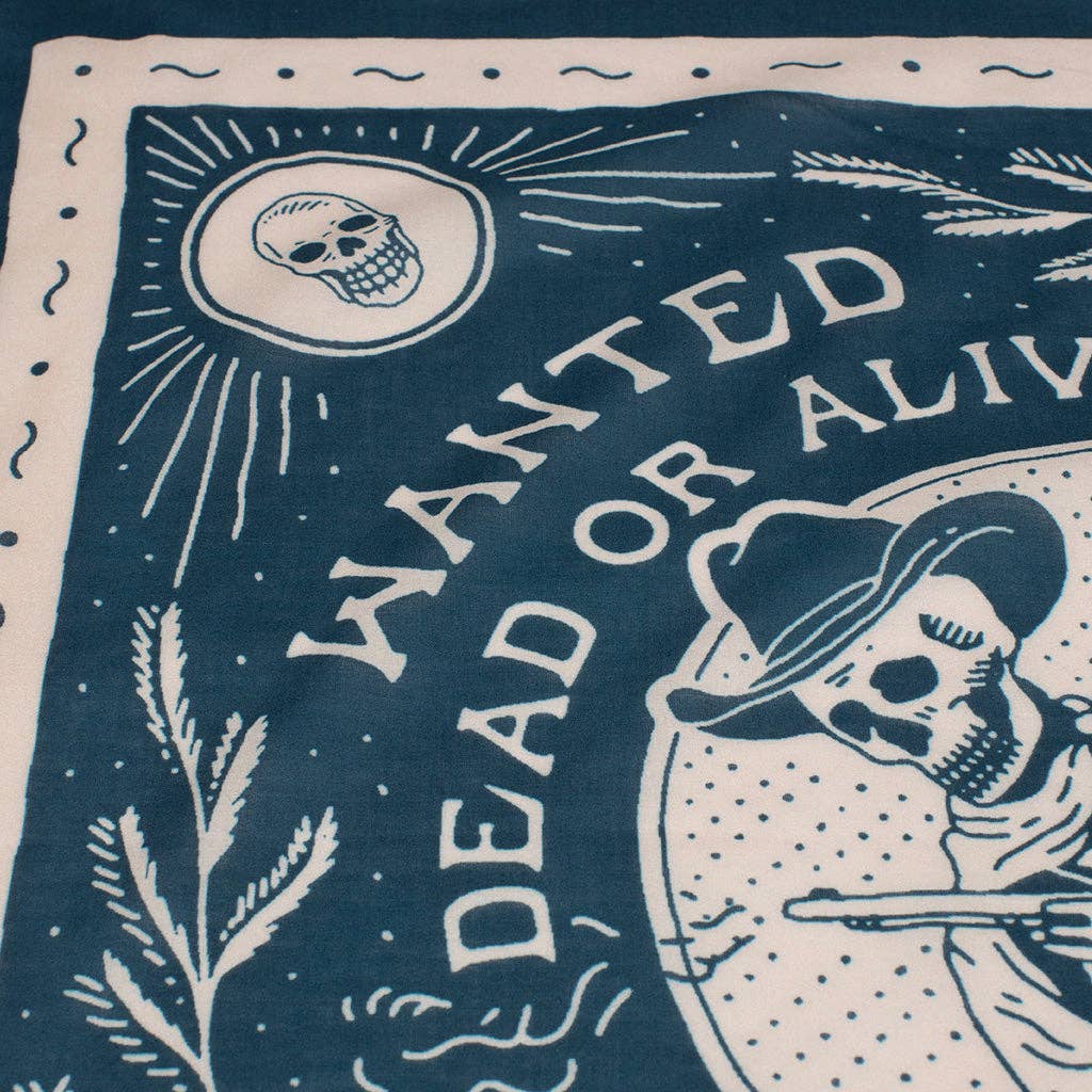 Wanted poster with skeleton and skull design on a blue background