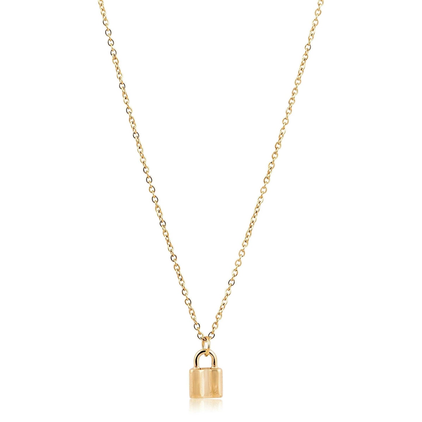 Gold necklace with a padlock pendant on a white background