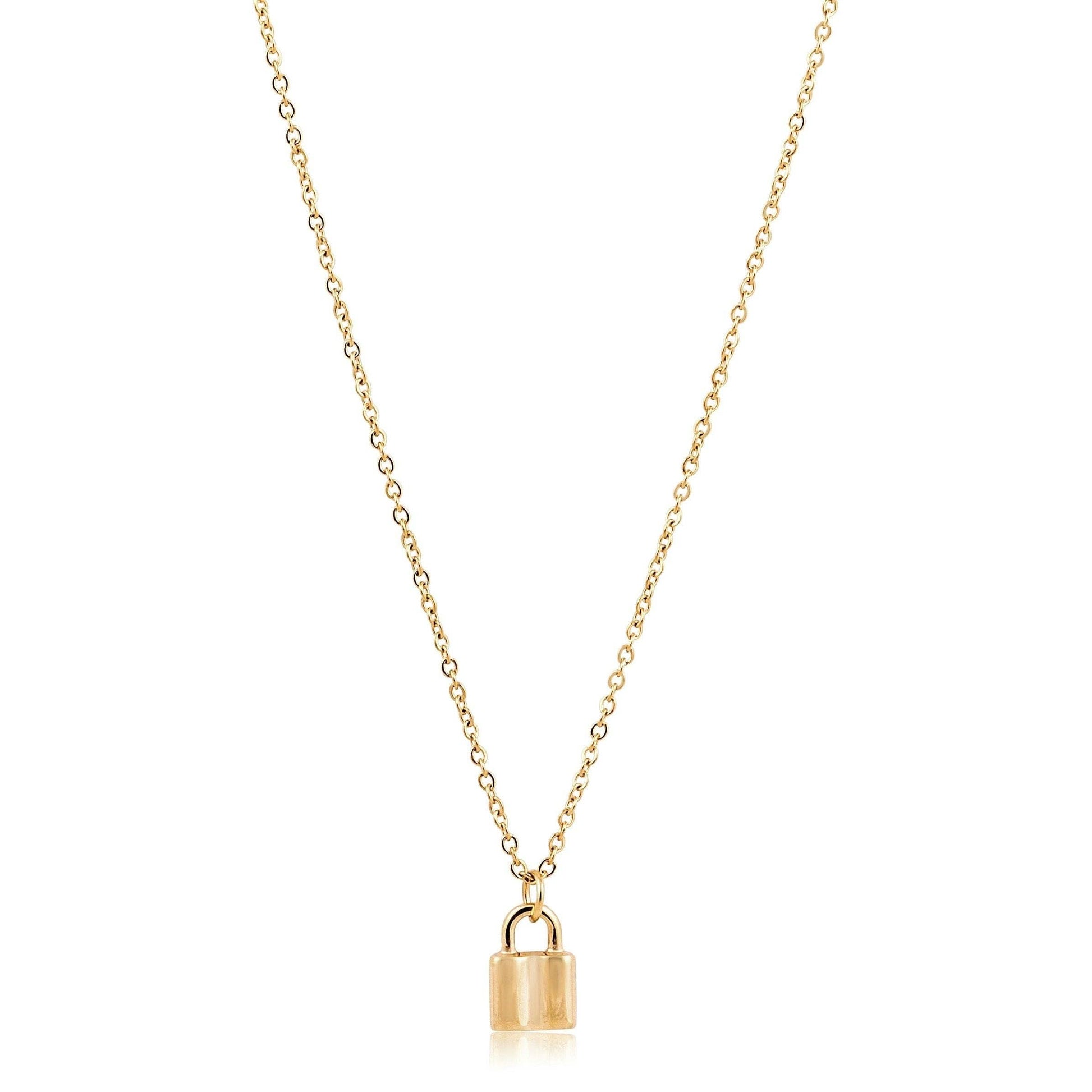 Gold necklace with a padlock pendant on a white background