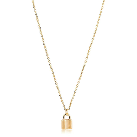 Gold necklace with a padlock pendant on a white background