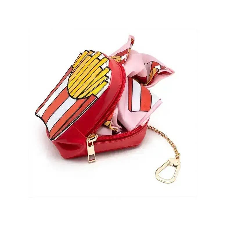 Red pouch with cartoon design of fries and a bow on a white background