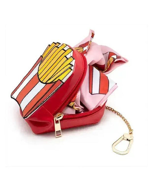 Red pouch with cartoon design of fries and a bow on a white background