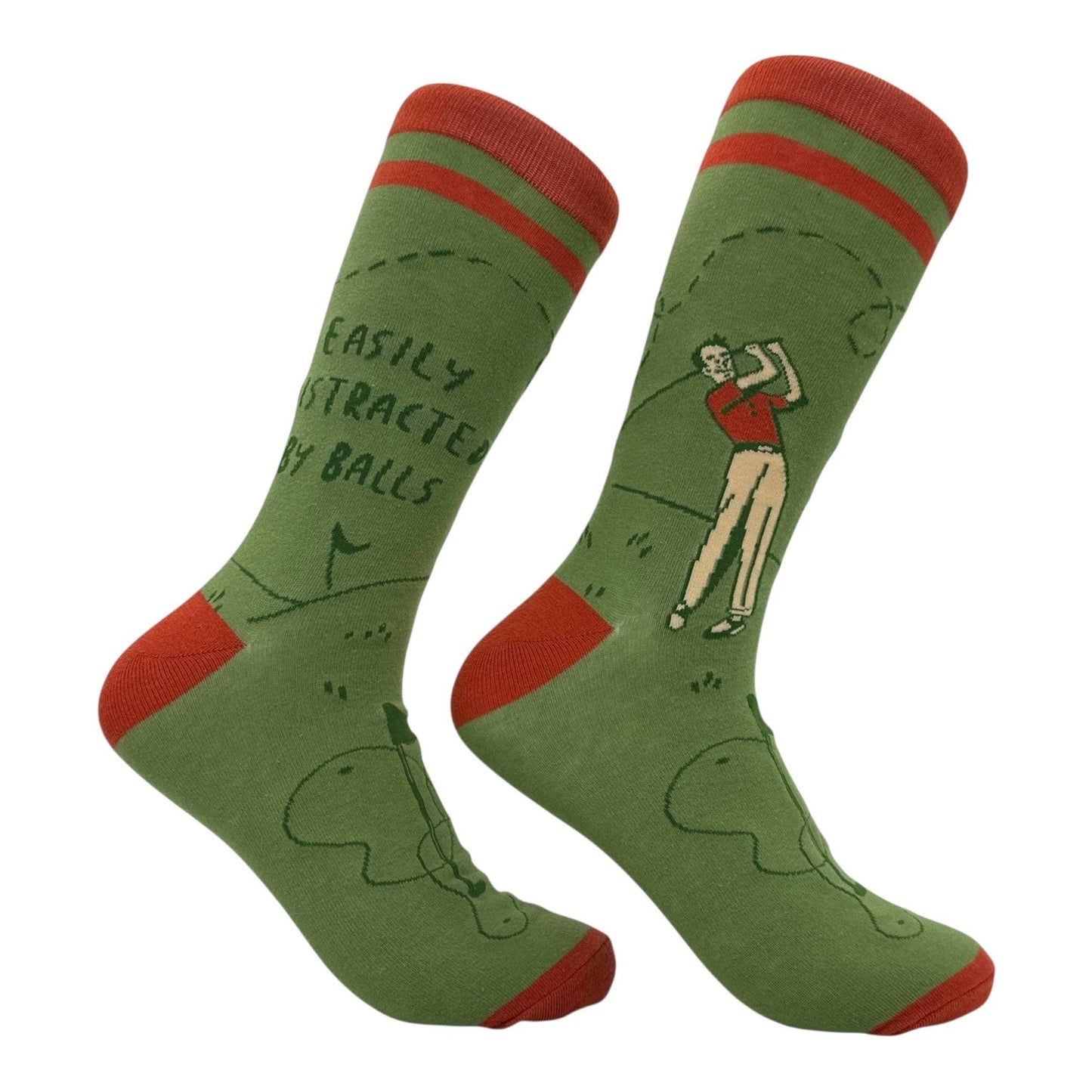 Green socks with red accents featuring a humorous design on a white background