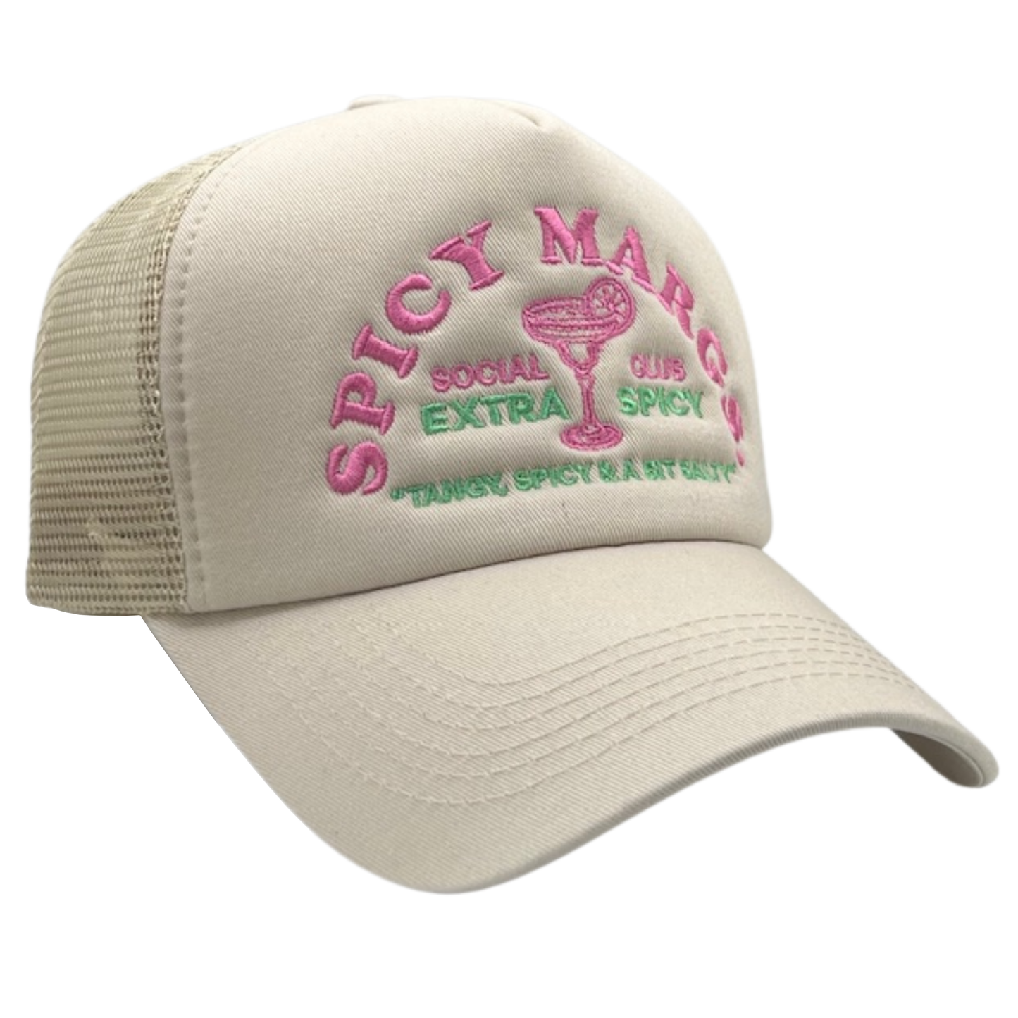 Beige cap with pink and green text on a white background
