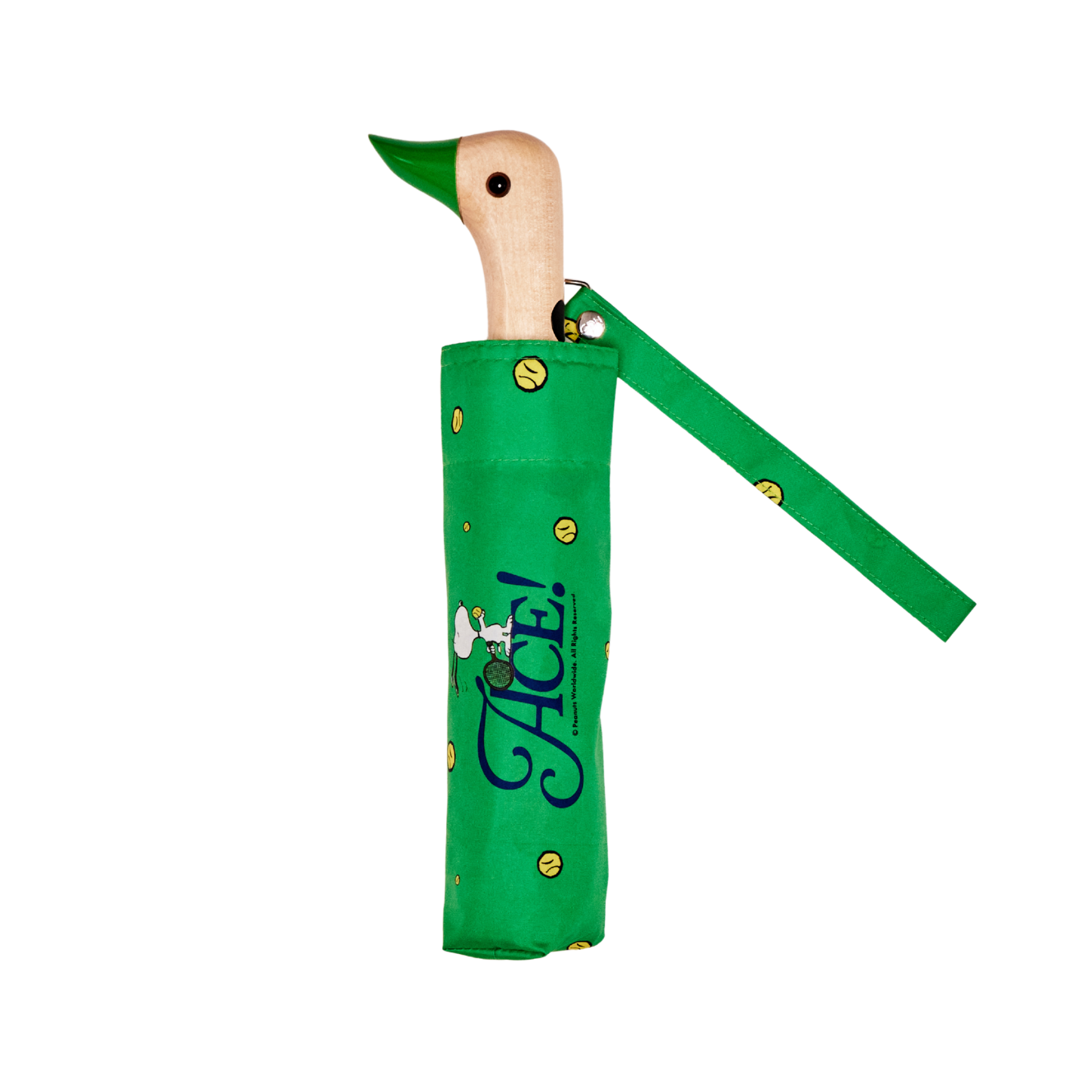 Green duck-shaped umbrella with wooden handle on a white background