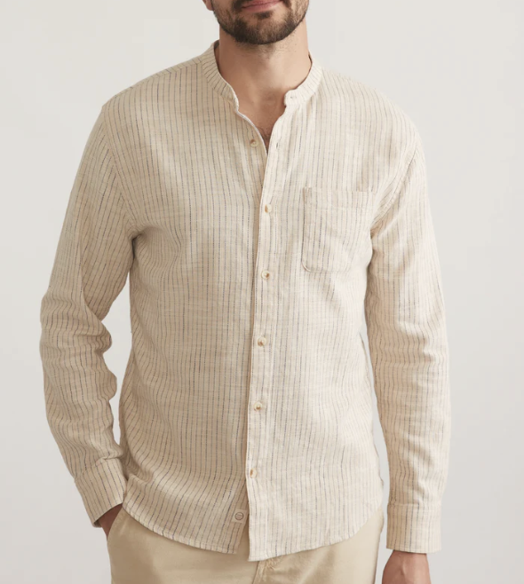 Banded Collar Stretch Selvage Shirt - Khaki/Navy Stripe