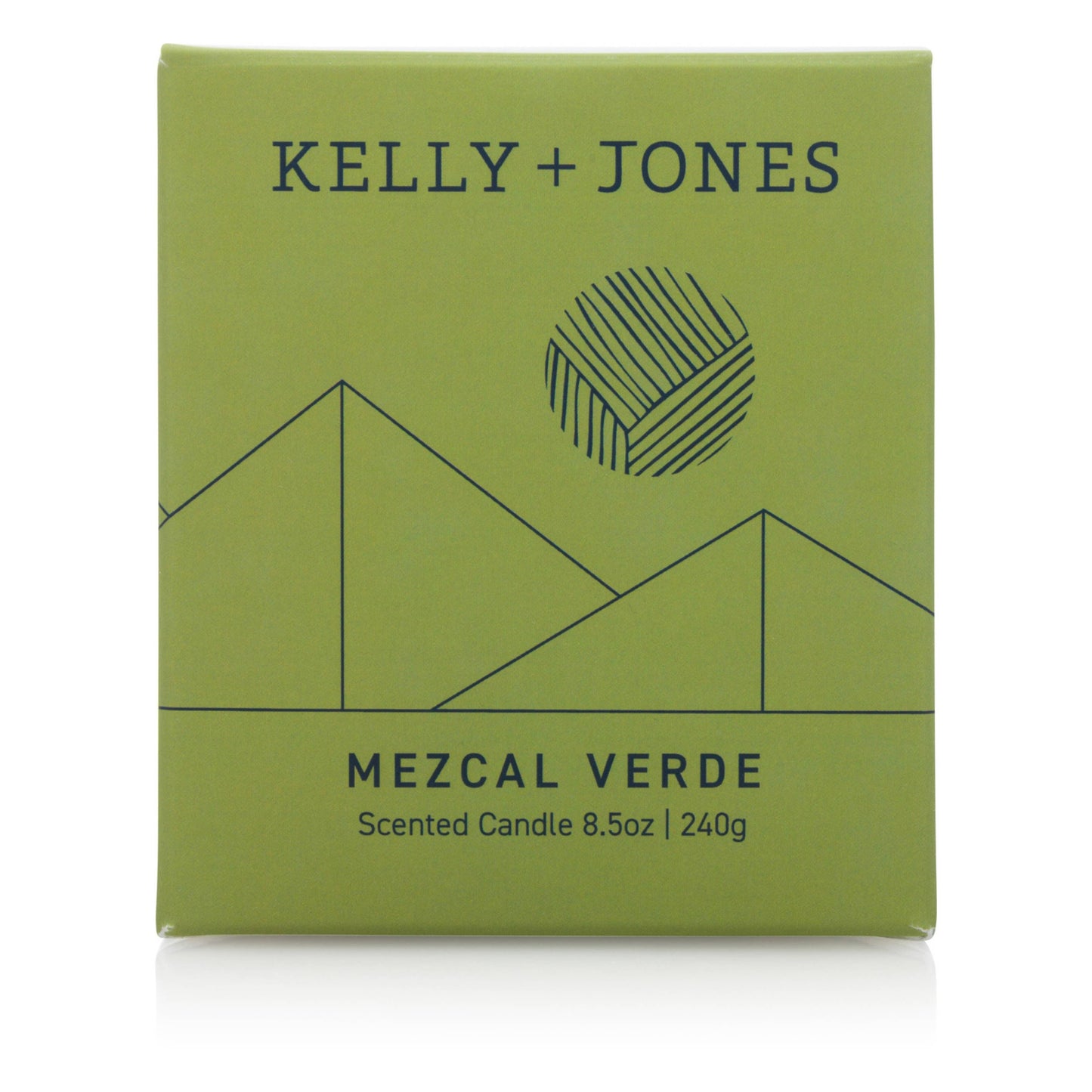Green box of Kelly + Jones Mezcal Verde scented candle on a white background