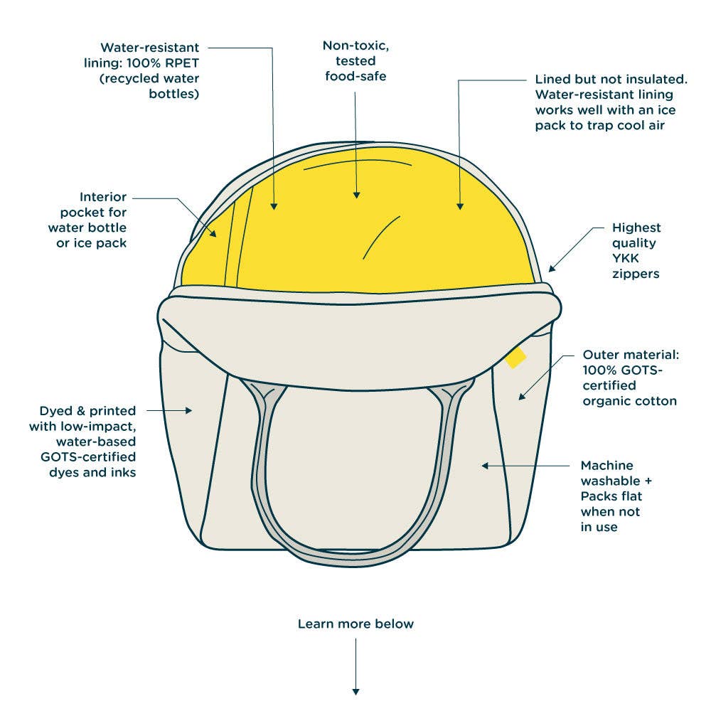 Diagram of a yellow and beige bag with labeled features on a white background